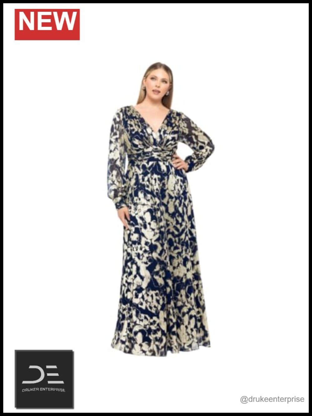 Plus Size Metallic Foil Long Mesh Sleeve A-line Gown V-Neck Formal Dress